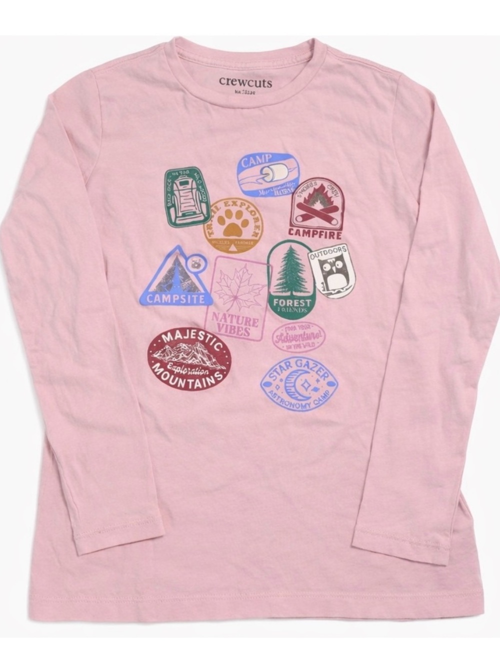 Crewcuts by J.Crew Girls Pink Long Sleeve Graphic Tee Camping Patches Size 8/9